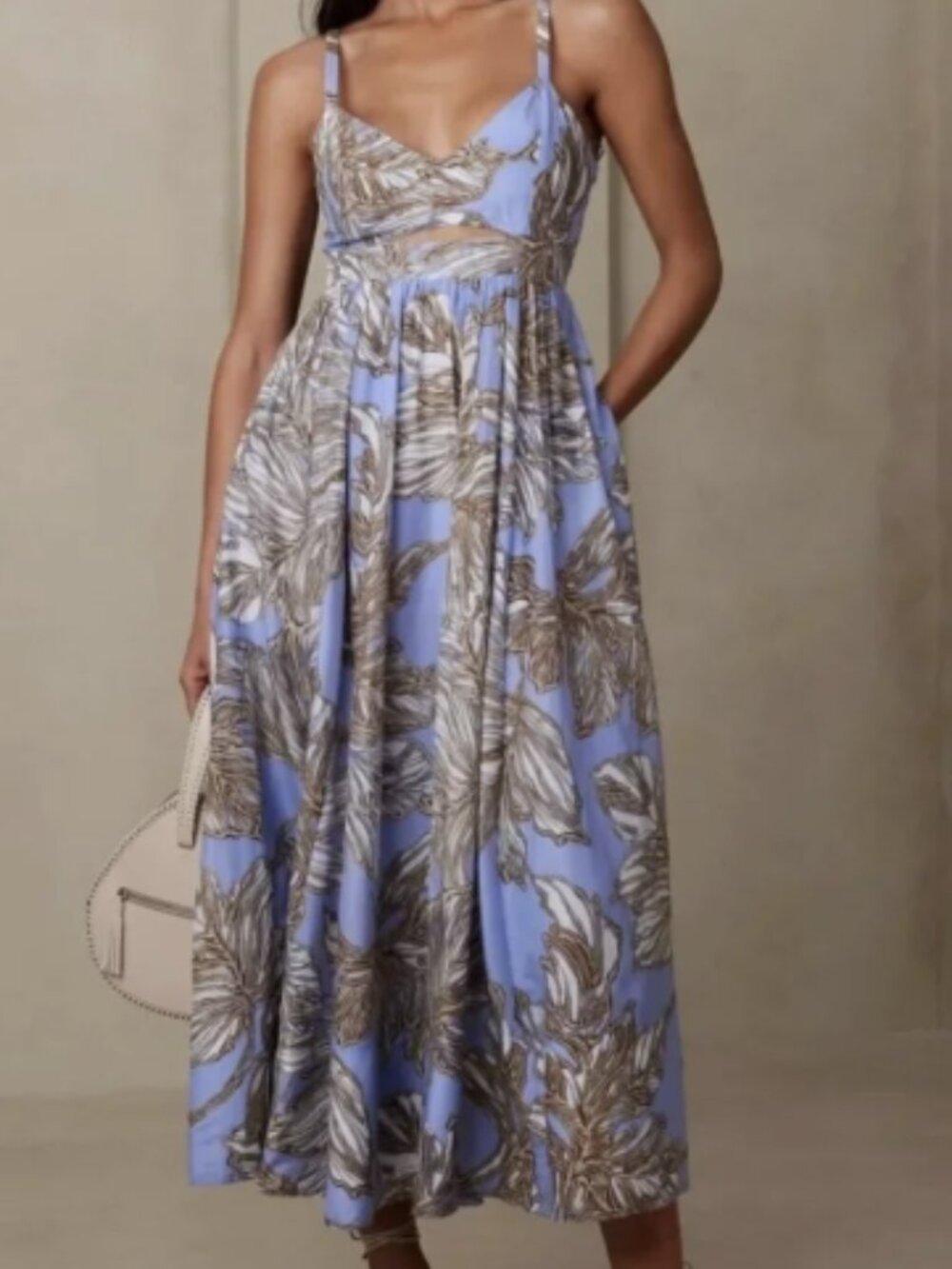 Banana Republic Isa Blue Tropical Print Waist Cut Out Cotton Silk Midi Dress 6 - Picture 1 of 14